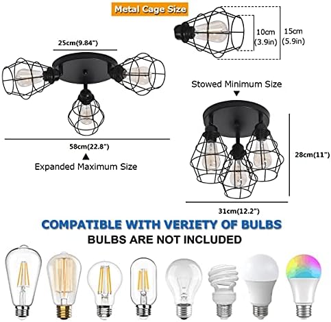 Qcyuui Industrial Ceiling Light Fixture Adjustable Rustic Black Ceiling Lamp, Semi Flush Mount Lighting with 3 Metal Cage Pendant for Farmhouse Kitchen Bedroom Ceiling