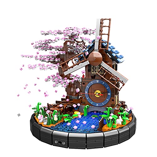 Yamix Cherry Trees Building Bricks with Rotating Windmill Cabin with Clock 1894 Pieces, Building Blocks Construction Toy Compatible with Lego
