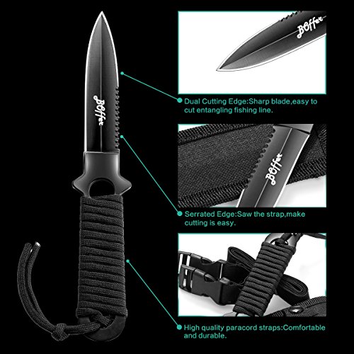 Dive Knife, Scuba Diving Knife with Sheath and Leg Strap, Black Tip Dive knife Double Edge with Nylon, ABS Sheaths and 2 Pairs Strap for Leg and Arm, Divers Sharp knives