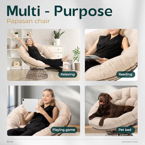 Image of Bme Ergonomic Wicker Papasan Chair with Soft Thick Density Fabric Cushion, High Capacity Steel Frame, 360 Degree Swivel for Living, Bedroom, Reading Room, Lounge, Sepia Sand - Brown Base