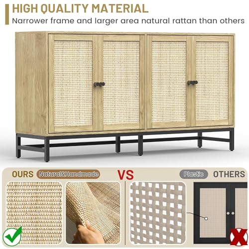 ZLWJGY Credenza Rattan Buffet Cabinet, Sideboard Storage Accent Cabinet with 4 Doors, 59" Large Mid Century Modern Console Table for Kitchen, Living Room and Dining Room, Natural