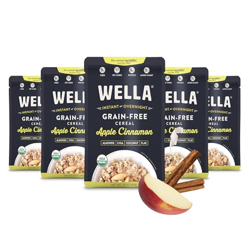 Wella Cereal Oatmeal Alternative, Gluten-Free Breakfast Hot Cereal, Grain-Free Paleo Organic Vegan High Protein Superfood, Plant-Based Non-GMO, Low in Net Carbs, Single-Serve Packets, Apple Cinnamon Flavor (5 Count, 1.6 oz. Packets)