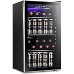 Antarctic Star 26 Bottle 130 Can Wine Cooler/Cabinet Beverage Refrigerator Mini Wine Cellar Beer Soda Clear Glass Door Bar Fridge Quiet Compressor Adjust Temp Freestanding Indoor Use 3.2cu.ft Black
