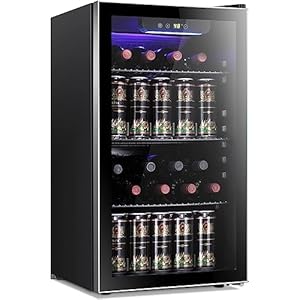 Antarctic Star 26 Bottle 130 Can Wine Cooler/Cabinet Beverage Refrigerator Mini Wine Cellar Beer Soda Clear Glass Door Bar Fridge Quiet Compressor Adjust Temp Freestanding Indoor Use 3.2cu.ft Black