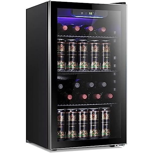 Antarctic Star 26 Bottle 130 Can Wine Cooler/Cabinet Beverage Refrigerator Mini Wine Cellar Beer Soda Clear Glass Door Bar Fridge Quiet Compressor Adjust Temp Freestanding Indoor Use 3.2cu.ft Black
