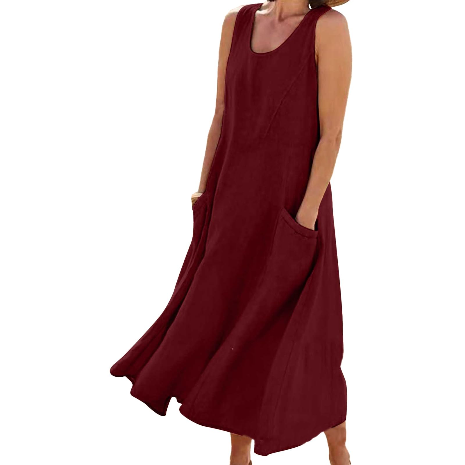 Vestido de Mujer sin Mangas Vestido de Algodón Y Lino Casual Vestido Largo con Bolsillo Vestido de Chaleco sin Mangas, WFFUO, Vino tinto, XXL