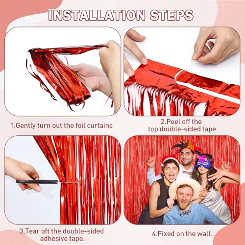 Image of Red Tinsel Backdrop, 2Pack Fringe Curtains, Red Foil Tinsel Party Streamer Backdrop Curtains, Engagement Wedding Photo Backdrop Party Decorations for Wedding Anniversaries Christmas Baby Shower Decors