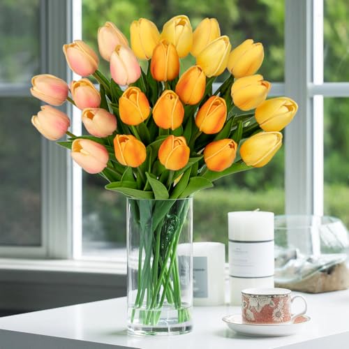 Image of 24 Pcs Artificial Tulips Flowers Mixcolor Real Touch Fake Tulips Fake Flowers for Mother's Day 13.5 inch Faux Tulips Faux Flowers Bulk Artificial Tulips Flowers for Vase Centerpieces Home Wedding Bouquet