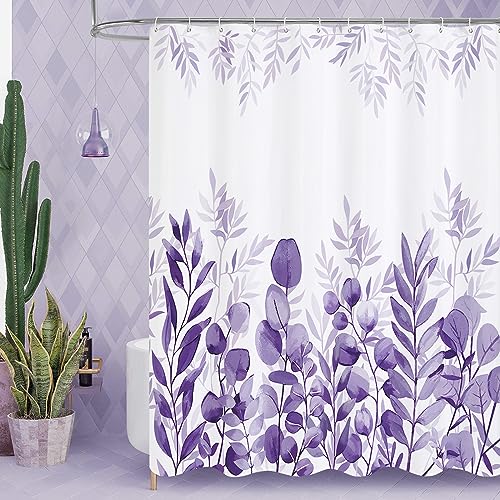 MitoVilla Purple Eucalyptus Shower Curtain, Plant Leaves Fabric Cloth Shower Curtains for Rustic Vintage Bathroom Decor, Modern Chic Botanical Shower Curtain, 72x72
