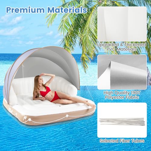 Image of S AFSTAR Pool Float with Canopy, Inflatable Floating Island 2 Person with UPF50+ Detachable Sunshade, 2 Cup Holders, Max Load 440 Lbs, 71 inch x 71 inch Heavy Duty Pool Lounger Floats Adult for Lake, Beach