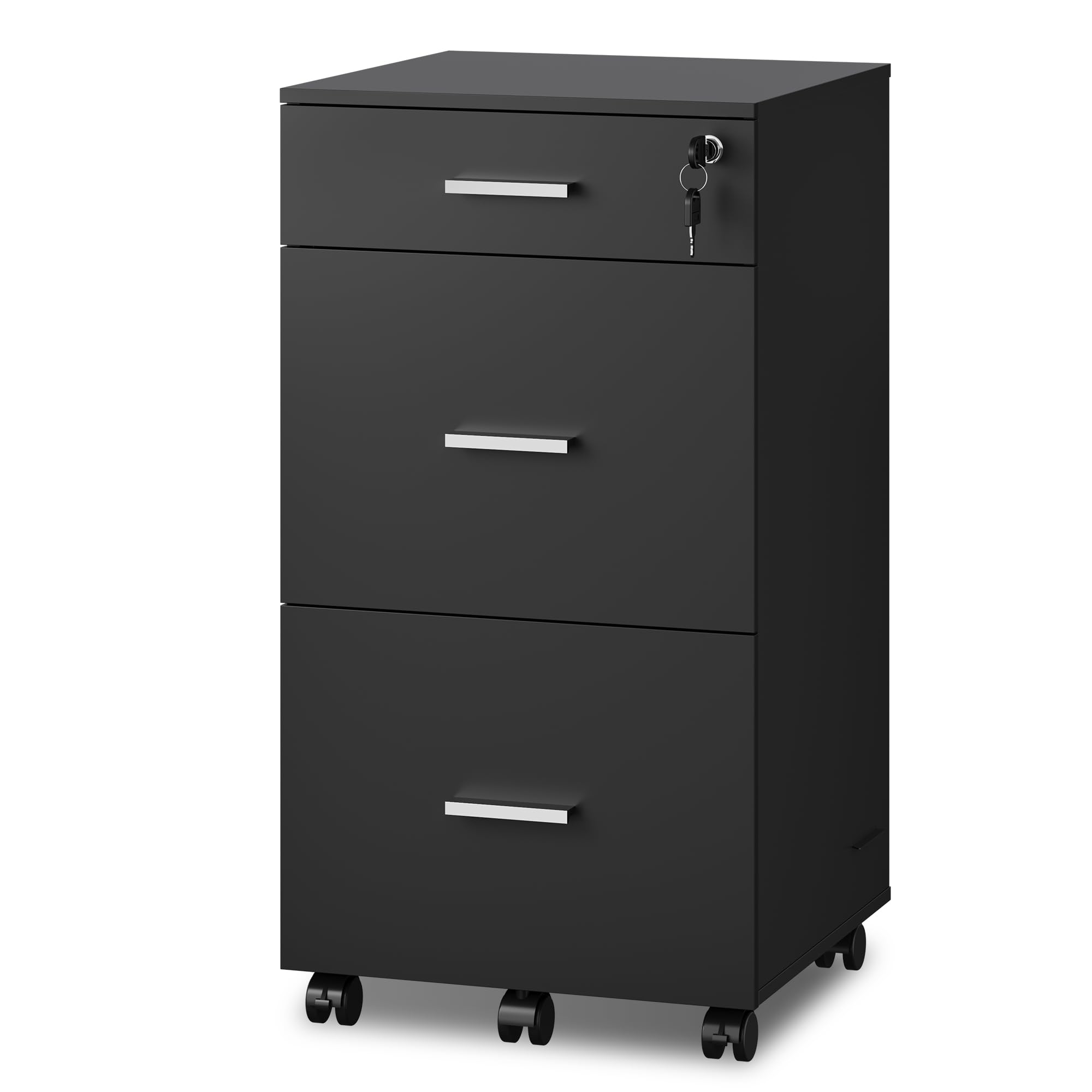 DEVAISE Rollcontainer mit 3 Schubladen, Mobiler Aktenschrank mit Rollen, Druckertisch für DIN A4/Legal/Letter, Schreibtisch Unterschrank für Büro und Home Office, Schwarz