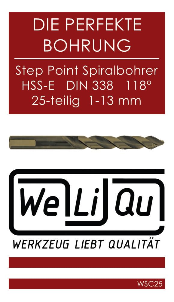 WELIQU HSS-Co Step Point Spiralbohrer Set 25-teilig 1-13mm x 0,5mm - Selbstzentrierende Metallbohrer, DIN 338, 118° für Stahl, Edelstahl, Aluminium, Messing, Bronze, Gusseisen, Hartholz, Kunststoff