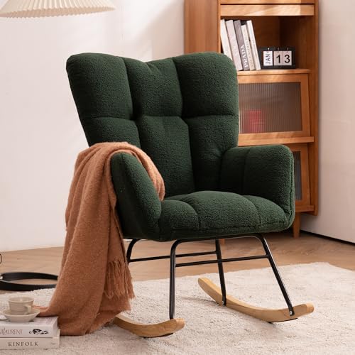 Image of FOXHUNTER Rocking Chair Nursery Teddy Upholstered Glider Rocker High Backrest Nursery Rocker Comfortable Stylish Accent Armchair for Living Rooms Bedrooms Offices (Teddy Green)