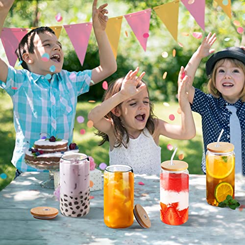 Vozoka Beer Can Glass With Bamboo Lids And Glass Straws, 4 Pack 16Oz Drinking Glasses With Lids And Straws, Can Shaped Glass Cups, Iced Coffee Cup, Beer Glasses, Ideal For Water, Soda, Tea, Gift #TOP6