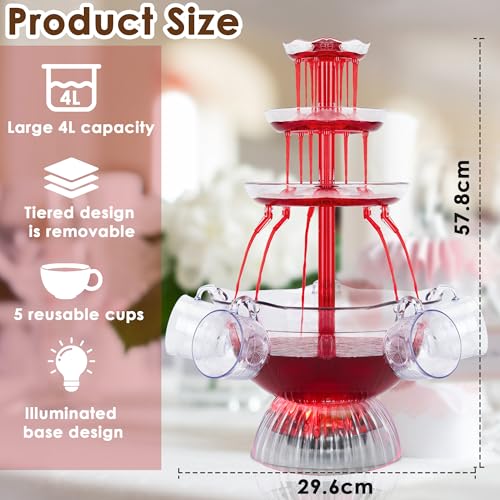 Drepint 3-stufiger Partybrunnen, 4L Trinkbrunnen mit LED Beleuchteter, Saft Und Weinbrunnen mit 5 Bechern, Klarer Getränkebrunnen Springbrunnen für Trinkspiele/Bar/Geburtstagsfeiern/Home Party