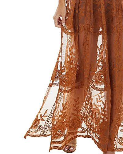 Image of LRISES Womens V Neck Floral Embroidered Lace Wedding Maxi Dress Boho Short Sleeve Slit Bridesmaid Evening Party Dresses