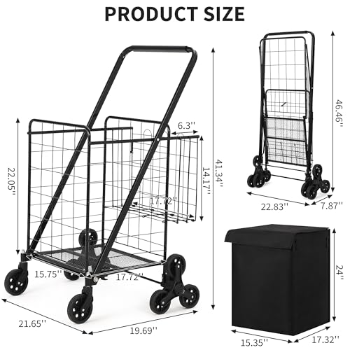 Grocery Shopping Cart, Stair Climbing Shopping with Waterproof Basket Liner & 360° Rolling Swivel Wheels, Portable Collapsible Grocery for Laundry, Luggage Camping, Black