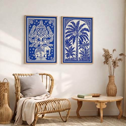 Image of Suneree Blue White Elephant Tree of Life Wall Art Painting | Set of 2 Framed Paintings | Indian Folk Art Decor for Living Room Bedroom Home Office | (ART 10, 10x13 INCHES)