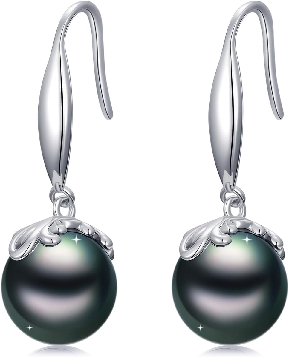 Tahitian Black Pearl 7MM AAAA 18K White Gold Plated Sterling Silver Dangle Drop Earrings for Women Wife Mom Girlfriend Valentine Jewelry Gift for Mother Day Wedding Anniversary Birthday