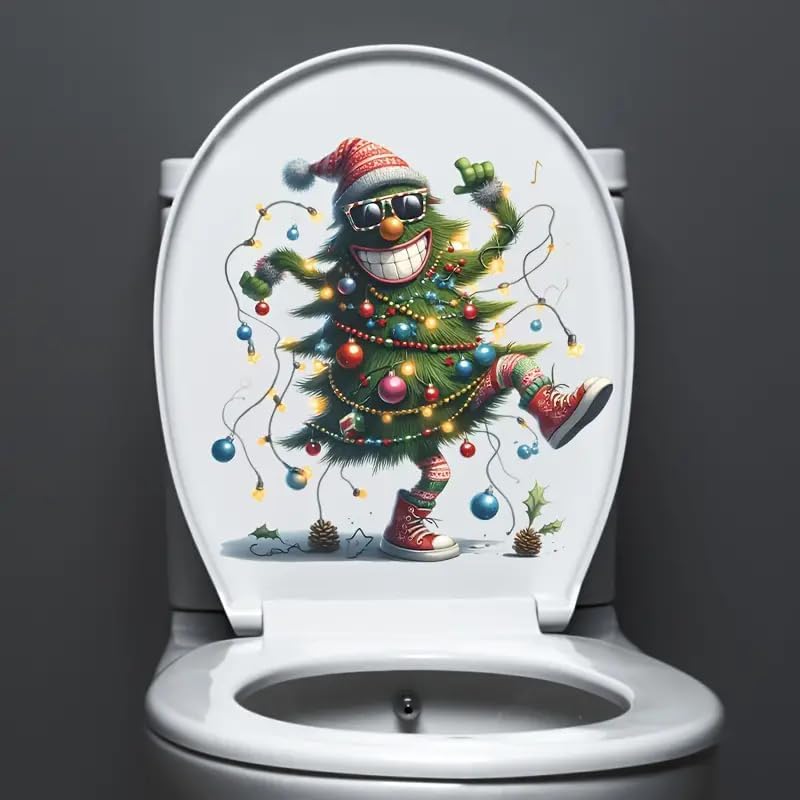 Merry Funny Christmas Tree Bell Light Toilet Cover Sticker Decals, Christmas Tree Fish Ocean Waterproof Toilet Lid Tank Seat Decals Cistern Self-Adhesive Bathroom Wall Sticker
