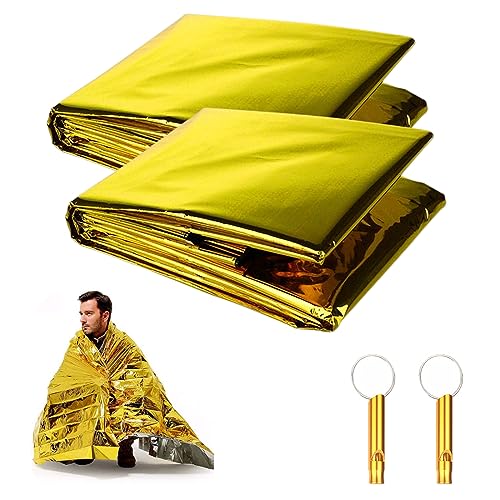 Mantas Térmicas de Emergencia,Mantas Reflectantes de Supervivencia,Mantas de Emergencia,2Pcs Manta Portátil de Emergencia y 2 silbatos SOS para Exteriores, Senderismo, Supervivencia,160 * 210cm