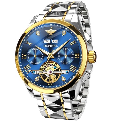 OUPINKE Skeleton Watches for Mens Automatic Mechanical Tonneau with Silicone Band Sapphire Crystal Waterproof 160ft Wrist Watches