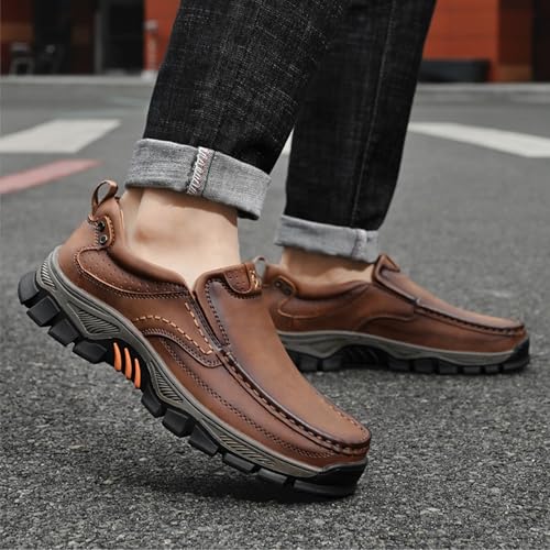 Men's Outdoor Slip On Loafers,Comfort Hand-Stitching Leather Elastic Non-Slip Arch Support Travel Hiking Walking Shoes4