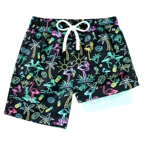 Cozople Boys Neon Swim Trunk Boxer Brief Quick Dry Swimsuit Commpression Coconut Tree Flamingo Swimming Short Anti Chafe UPF Black Bathing Suit Hawaiian Stretchy Swimwear Size 10-12