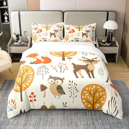 Homemissing Ensemble de Literie pour Animaux cerf Housse de Couette 140x200cm 100% Coton imprimé Renard Literie pour Enfants Mignons Forêt Animaux Parure de Lit Hibou Lapin Literie pour Garçons