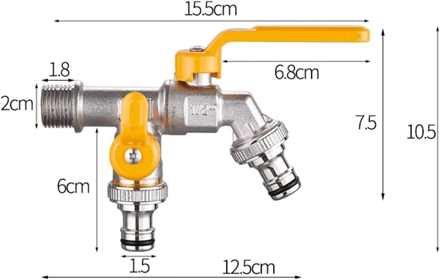 Rubinetto da Giardino A Doppia Uscita Valvola A Sfera in Ottone da 1/2 Pollice Resistente al Gelo per Irrigazione, Autolavaggio, All'aperto, Chrome Yellow