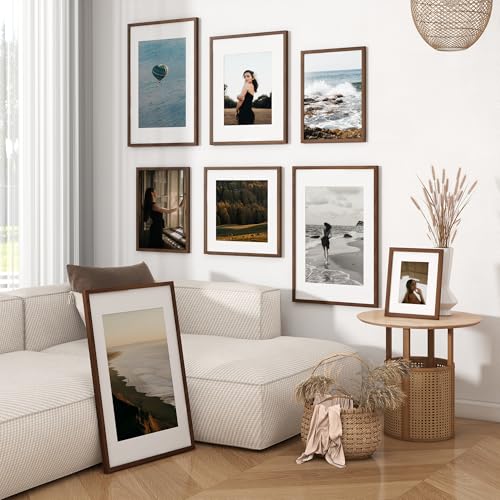 Image of FLYJOE 22x28 Oak Wood Picture Frame with Mat for 18x24, 22 by 28 USA-Sourced Natural Solid Wooden Poster Frame for Wall Display, Tempered Real Glass, Hanging Hardware Included, Walnut Color