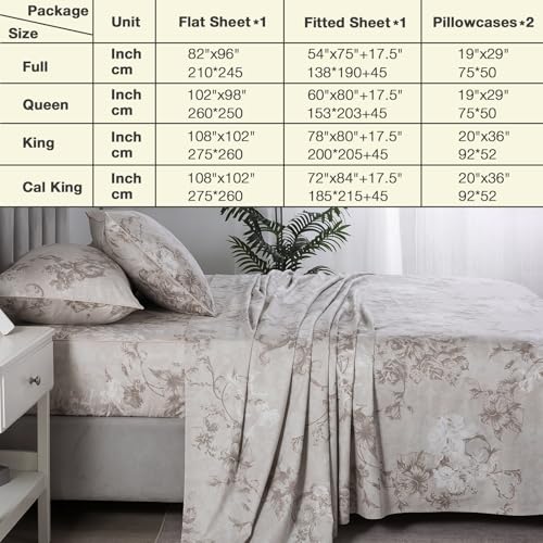 Image of Gray-Beige Boho Floral Percale Sheets California King, Deep Pocket | 100% Cotton Greige Vintage Bed Sheets, Brown Flower Cottage Sheet Set, Shabby Chic Bedding, Neutral Printed, Aesthetic, 4Pcs