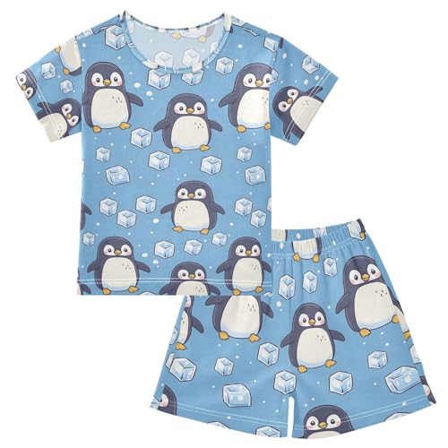 ALAZA Penguin Blue Cartoon Pajamas Set Short Sleeve Cotton Sleepwear Summer Pjs 2 Piece 5-14Y