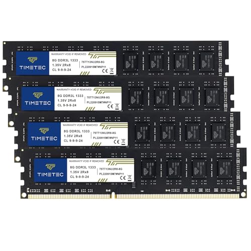 Timetec 32GB Kit(4x8GB) DDR3 / DDR3L 1333MHz PC3 10600 Non ECC Unbuffered 1.5V / 1.35V CL9 2Rx8 Dual Rank 240 Pin UDIMM Memoria RAM Módulo para Actualizacion para PC Computadora de Escritorio