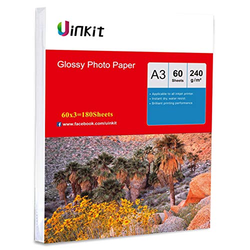 Papel fotográfico A3 de 240 g/m², muy brillante, 180 hojas de papel para inyección de tinta, grosor medio, Uinkit, 420 x 297 mm Cover