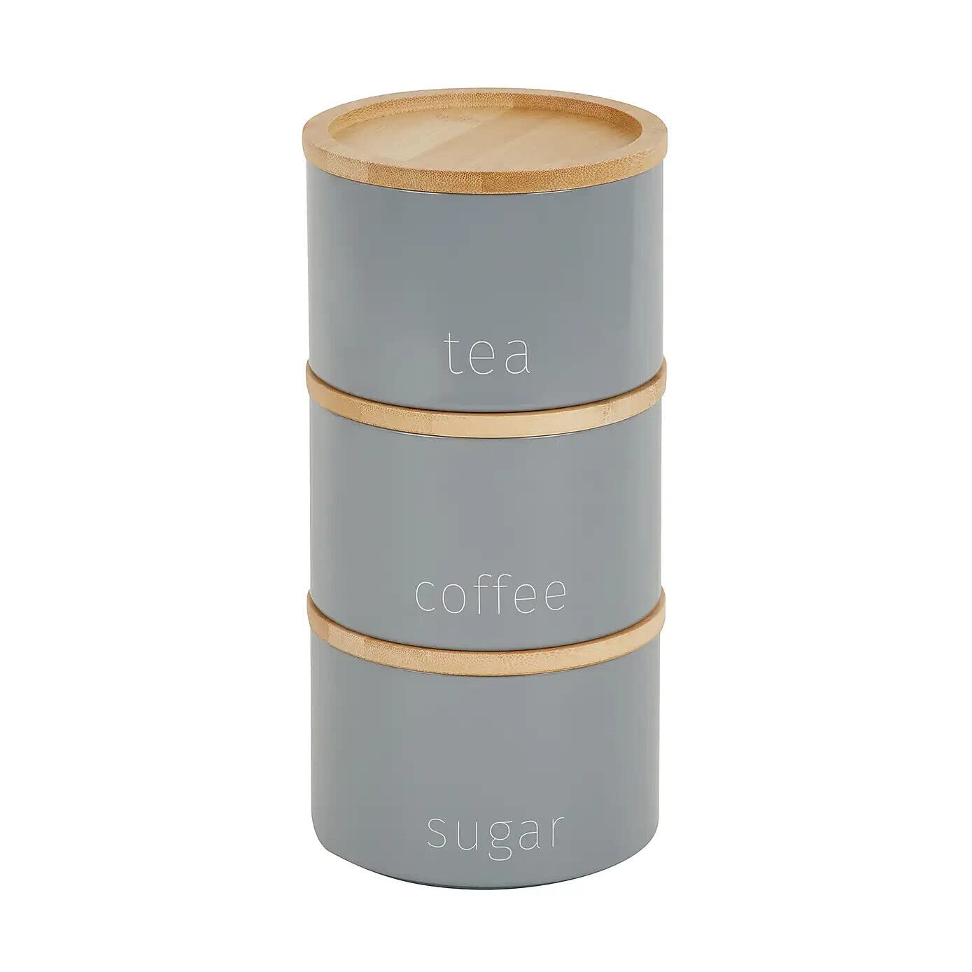 Bloomingtons Direct Grey Stacking Metal Canisters Tea Coffee And Sugar Space Saving Stackable Canisters With Wooden Lids