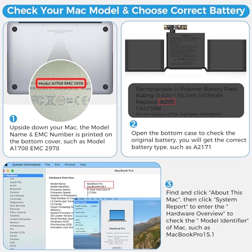 Image of A2171 Battery,A1708 A1713 Battery for MacBook Pro 13 Inch A2159 (2019) A2289 (2020) A2338 (2020) A1708 Late 2016 Mid 2017(Upgraded High Performance 11.41V 58.19Wh 5100mAh)