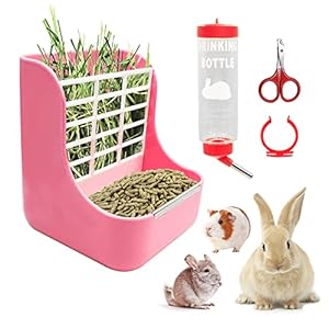 LLSPET 3 in 1 Guinea Pig Hay Feeder Water Bottle Nail Scissors Set Pets Feeding Kit for Small Animals Bunny Chinchilla Guinea Pig Rabbit 250ml Rabbit Water Bottle No Drip Rabbit Feeder Pink