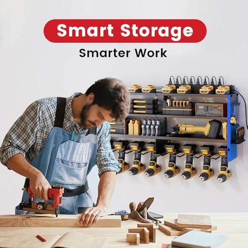 Image of 4-Tier Power Tool Organizer, Built-in 2-Outlet Charging Station for Small Garages,400lb Capacity 12mm Steel Drill Holder & Battery Storage for DIY Workshops (4 Slots with 2 Outlets Power Strip)