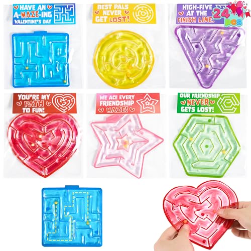 JOYIN 24 Pcs Valentine's Day Sensory Fidget Squeeze Maze Toy with Tags, Water-Filled Sensory Fidget Mazes in 6 Shapes, Calming Toys for Kids Classroom Activity Prize Goodie Bag Stuffers Party Favor
