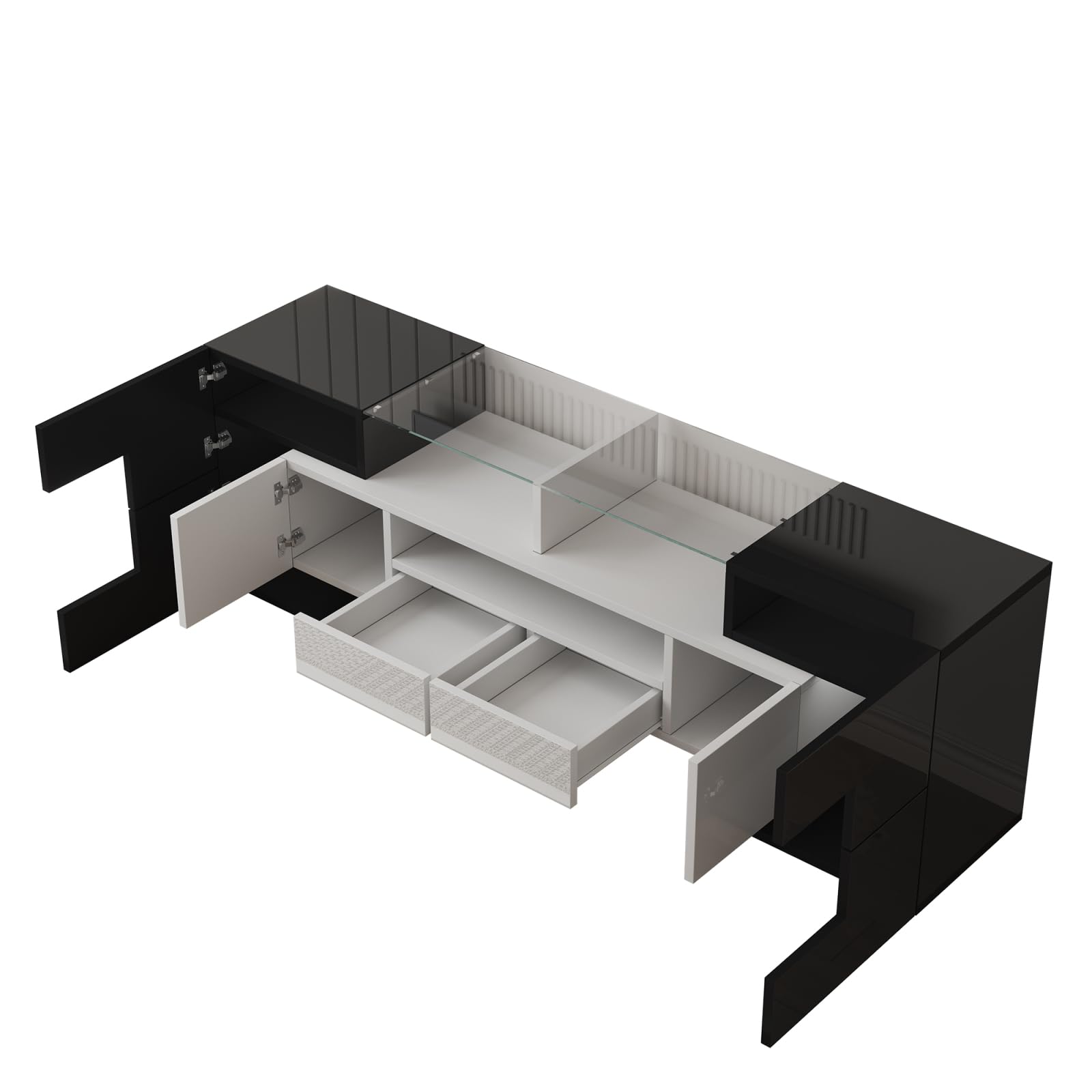 Moderner LED TV-Schrank für Fernseher bis 65 Zoll, Fernsehschrank mit 6 Schließfach, 2 Schubladen,Fernsehtisch mit Glastischplatte, Hochglanz TV Lowboard für Wohn- und Esszimmer (Schwarz + Weiß)
