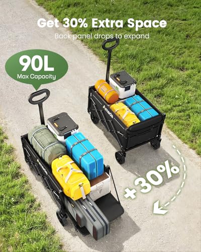 AMADA HOMEFURNISHING Bollerwagen faltbar, klappbarer Bollerwagen mit Maximalbelastung 163kg & Speicherung, Faltbarer Handwagen 90L mit 2 Getränkehaltern für Outdoor, Lebensmittel, Garten & Cam
