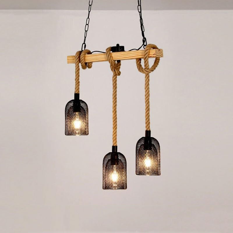 Lustre bois suspension 3 têtes orientables en corde pour éclairage ciblé