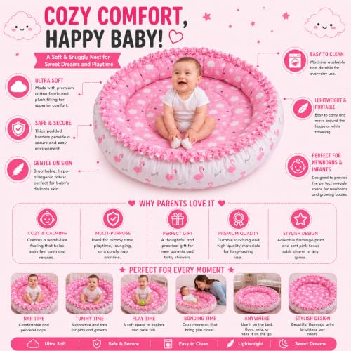 Image of Toddylon New Born Baby Reversible Bedding Set Cotton Mattress Nest (0-6 Months) Pink