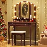 Tiptiper Vanity Desk, Makeup Vanity with Lighted Tri-Folding Mirror & Stool, Vanity Table Set with 10 LED Light Bulbs & 3 Color Lighting Modes, Makeup Table with 5 Storage Drawers, Brown
