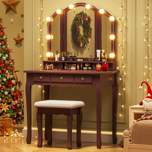 Tiptiper Vanity Desk, Makeup Vanity with Lighted Tri-Folding Mirror & Stool, Vanity Table Set with 10 LED Light Bulbs & 3 Color Lighting Modes, Makeup Table with 5 Storage Drawers, Brown