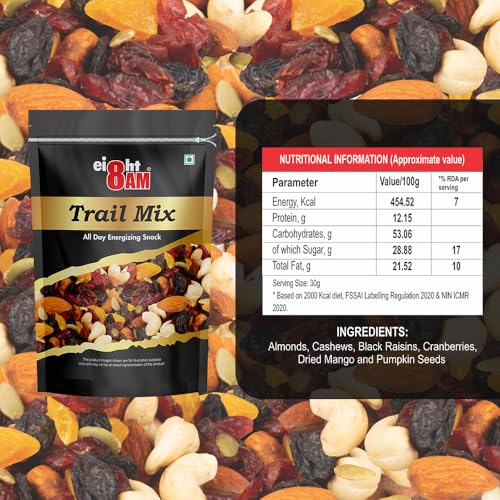 Image of 8:00 AM Trail Mix Dry Fruits & Nuts,200G(Pack of 2)|Made With Nutritious Ingredient Cranberries,Roasted Cashew,Almonds,Raisin,Pumpkin Seeds|Healthy And Tasty Snack,Rich In Zinc,Potassium,Iron