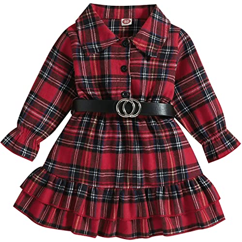 AGQT Baby Girls Plaid Dress Long Sleeve Buffalo Check Black Red Gingham Christmas Ruffle Shirt Dress with Belt Size 6-12M