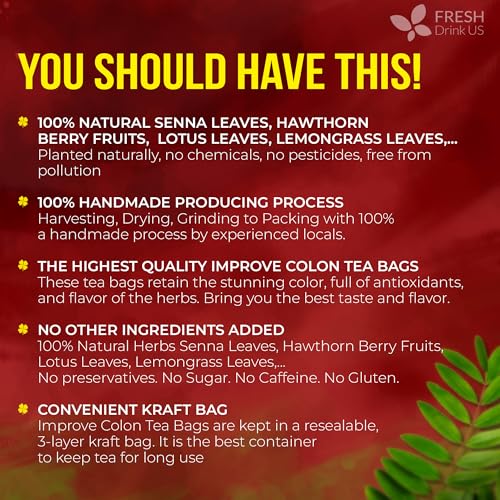 Image of FreshDrinkUS, Premium Improve Colon Tea | 75 Tea Bags | Herbal Tea Blend with Senna Leaves, Lotus Leaves, Hawthorn Berry, Ginger & More - Caffeine Free Botanical Tea - Natural Daily Herbal Infusion