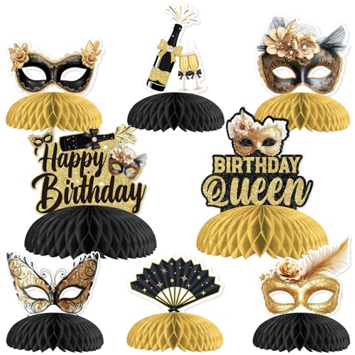 JOYMEMO 8 Pieces Masquerade Birthday Honeycomb Centerpieces Black Gold - Masquerade Ball Themed Party Decorations for Women, Carnival Dance Table Toppers Photography Background Supplies